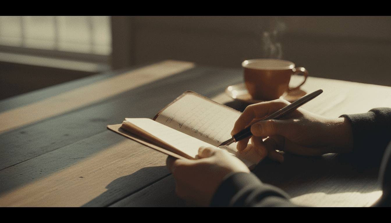 Hands writing in a notebook on a wooden table