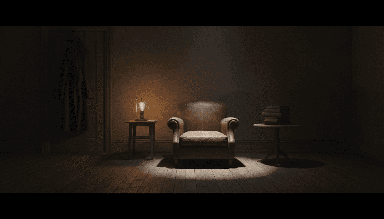Dimly lit room with an armchair and single lamp