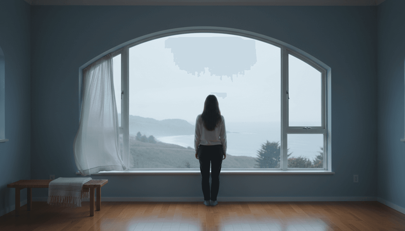 Person standing alone looking out a window