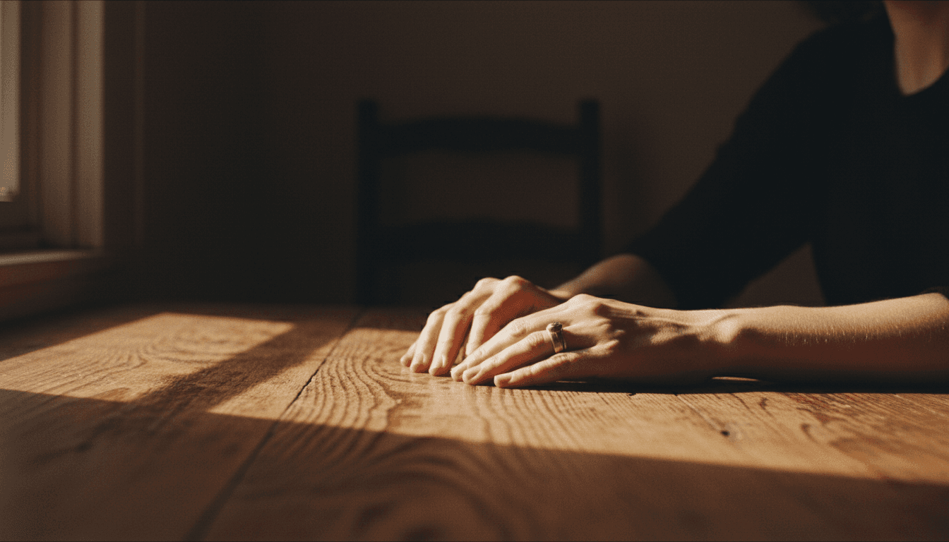 Woman's hands resting on a worn wooden table in warm, dim light, with a silver ring catching the sunlight