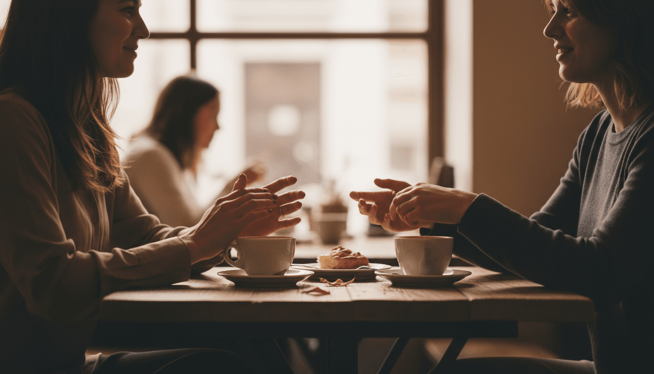 Two people sitting across a table in intimate conversation