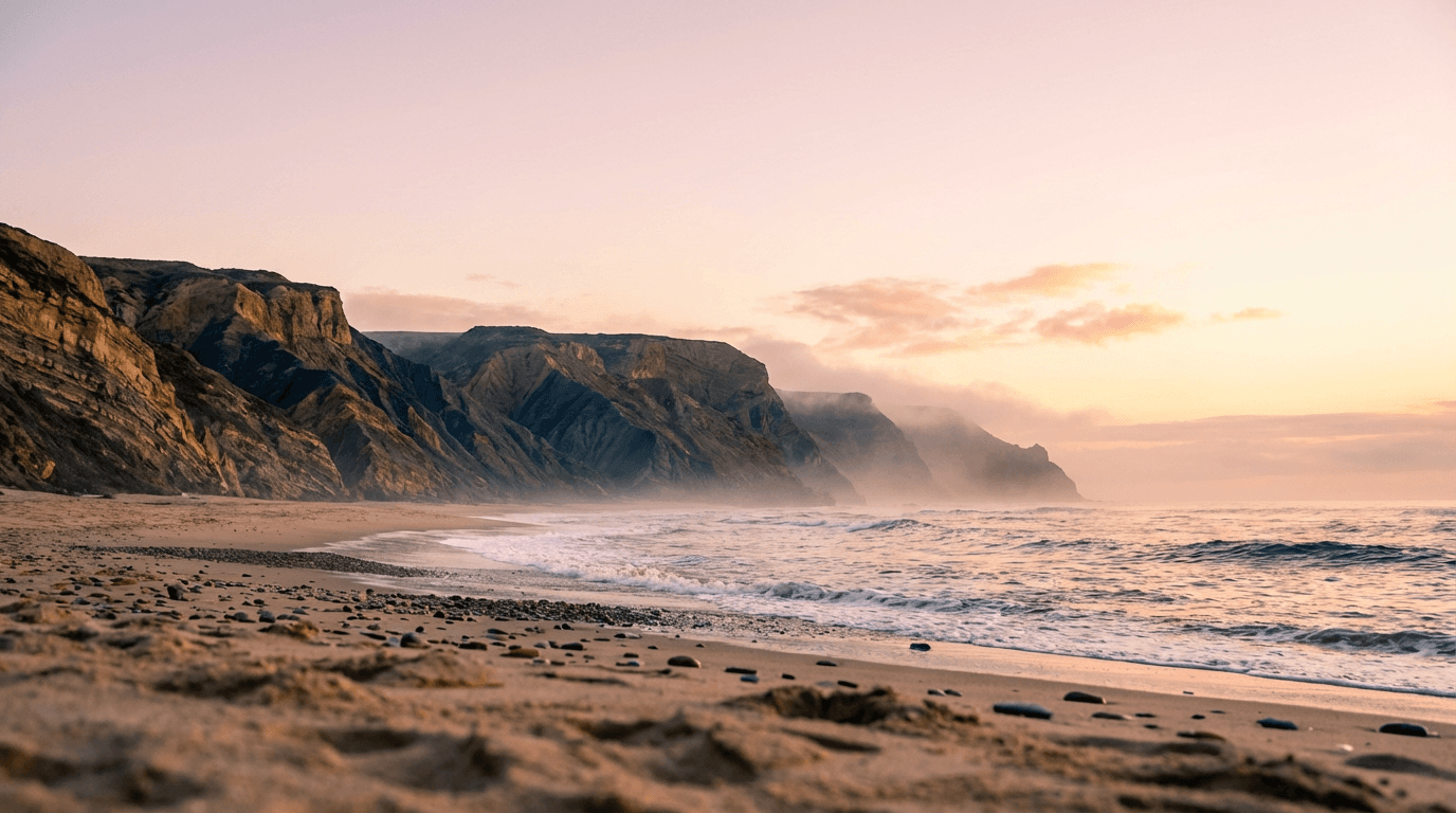 A weathered wooden bench facing the ocean at sunset on a South Carolina beach