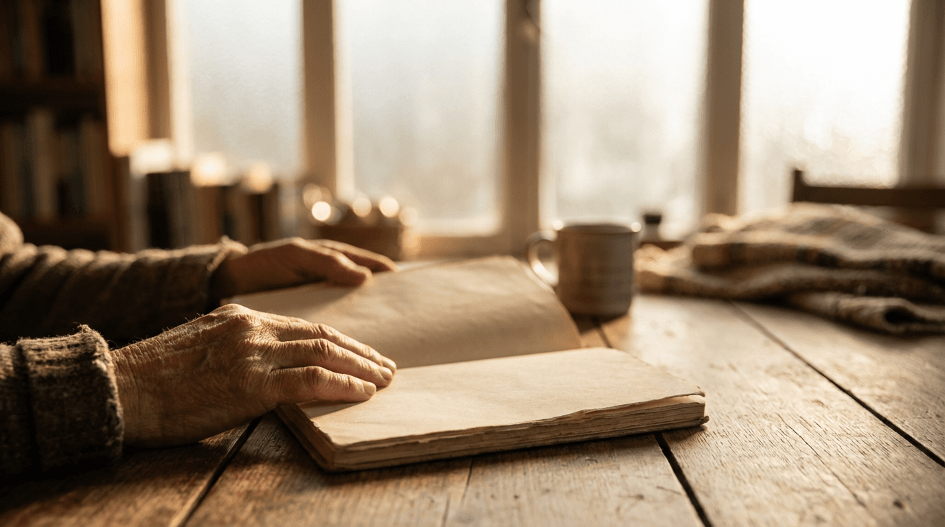 Hands holding blank journal in soft golden light, warm wooden surface, intimate quiet space symbolizing thoughtful communication and reflection.