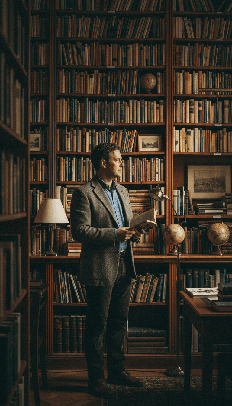 Author standing in front of floor-to-ceiling home library, gazing thoughtfully to the side in natural window light
