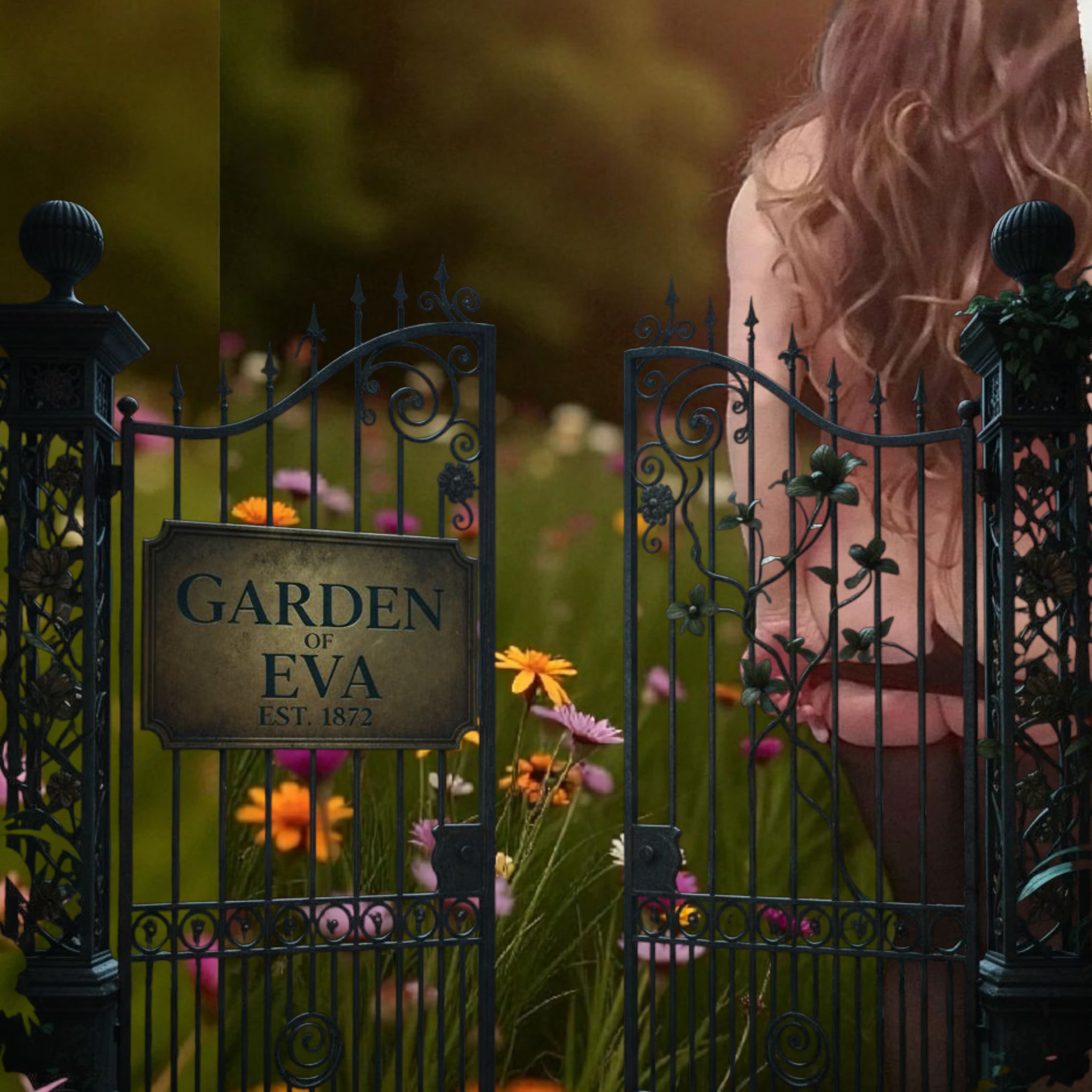 Ornate iron gates labeled Garden of Eva open to a woman in lingerie among wildflowers.